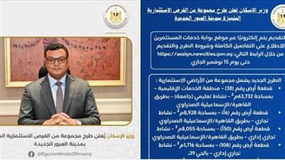 وزير الإسكان يُعلن طرح مجموعة من الفرص الاستثمارية المتميزة بمدينة العبور الجديدة